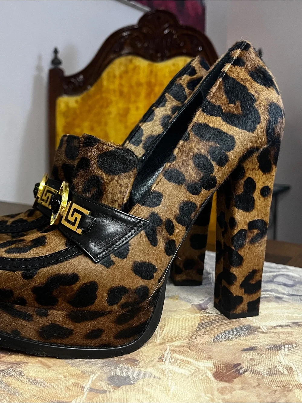 Versace Leopard-Print Platform Block Heel Pumps - Brown & Black